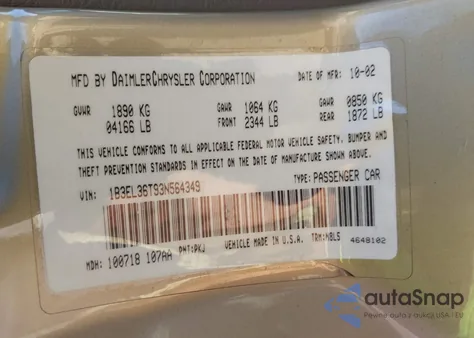 2003 Dodge Stratus Se z USA, uszkodzony, nr VIN 1B3EL36T93N564349